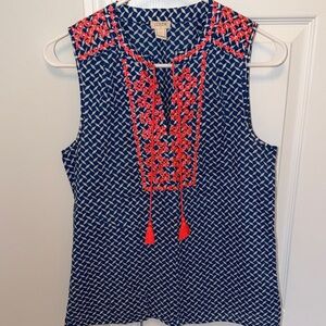 J. Crew Navy Geometric Sleeveless Camisole with Coral Embroidery and Tassels